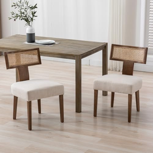 Ya-Home Esszimmerstühle 2er Set Leinen Küchenstuhl mit Rattan Rückenlehne Vintage Seitenstühle Holz Polsterstuhl für Esszimmer/Wohnzimmer/Balkon, Beige