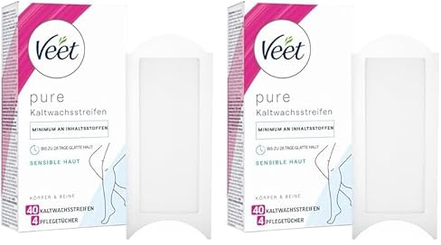 Veet Kaltwachsstreifen mit Easy-Gelwax Technology – Geeignet für sensible Haut – Anwendung für Beine & Körper – 20 Doppelstreifen : 40 Einzelstreifen (Packung mit 2)