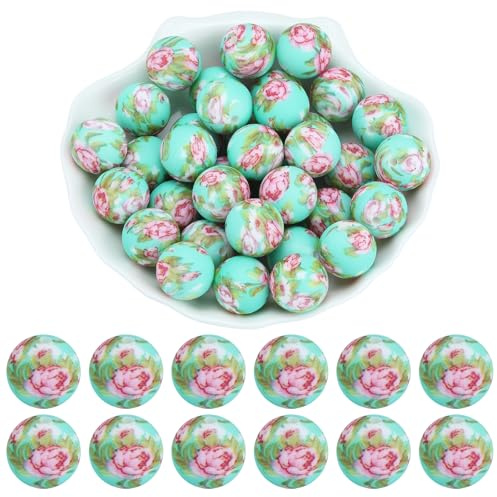 WEWAYSMILE Lot de 20 perles en silicone de 15 mm imprimées en silicone pour bracelets à faire soi-même, colliers, cordons, perles fournitures de bricolage (fleur de pêche)