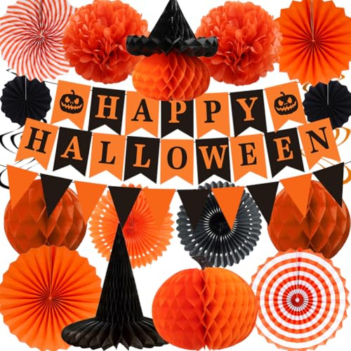 Reusable Halloween Decoration Indoor Happy Halloween Paper Banners, Buntings, Honeycomb Balls, Pumpkin Witch for halloween Party Decor