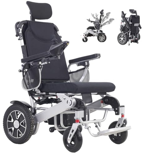 Juodkeo Fauteuil roulant électrique motorisé tout-terrain inclinable léger pour personnes âgées, avec repose-tête, pliable en trois secondes (1 batterie, portée 25 km, seulement 27,4 kg)