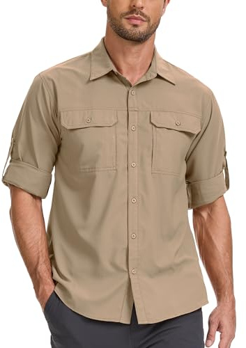Jogwits Chemise Safari Homme UPF50+ Protection UV à Manches Longues Chemise de pêche pour Homme Boutonnée Séchage Rapide Fonctionnelle
