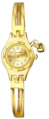 JewelryWe Damenuhr Kleine Uhr mit Herzanhänger: Elegant Analog Quarz Armbanduhr Damen Gold Edelstahl Schmales Armband Zierliche Charme Golduhr Spangeuhr mit Arabischen Zahlen Zifferblatt