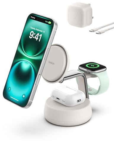 Belkin UltraCharge Pro 25W 3 in 1 Wireless Charging Station, Qi2.2 - Sand | Qi2 Certified, MagSafe Compatible Magnetic Charger, Cooling Fan, Cable and 45W Adapter Included, Charge up to Three Devices