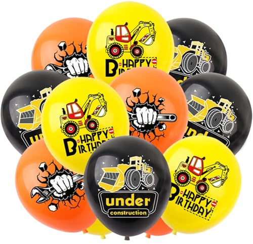 Gleemix 18 Stück Bagger Luftballon,12 Zoll Traktor luftballon, Luftballons baustelle, Kinder Helium Ballons Gelb Orange Schwarz, für Baustellen Deko Kindergeburtstag