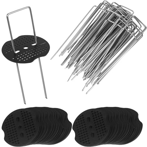 50 Piezas Grapas Malla Antihierbas + 50 Piezas Arandelas, 150 x 40 x 2.5 mm Anclaje de Tierra, Piquetas Cesped Galvanizados, para Césped Artificial, Valla y Red Clavos Camping