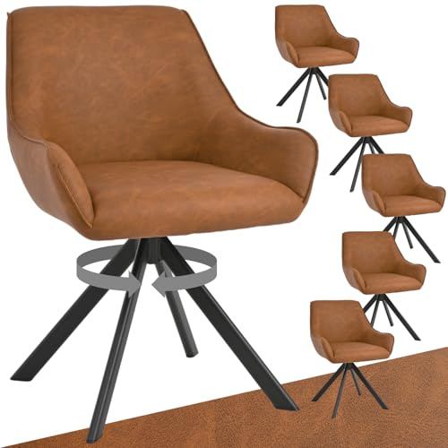 Goeurvant Esszimmerstühle Drehbar 6er Set mit Armlehne – 360°Drehbar Polsterstuhl PU-Leder Modern Drehstuhl Küchenstuhl mit Metallgestell und Rückenlehne für Esszimmer, Wohnzimmer, Büro, Braun
