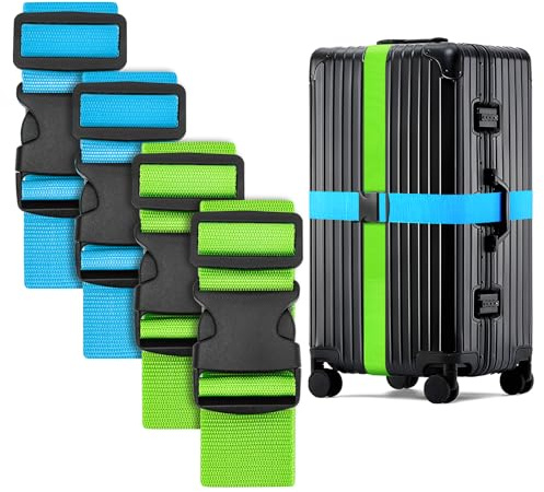 WISYOK Koffergurt, 4 Stück, 130-250cm, Himmelblau & Grün | Kofferband Gurt Auffällig, Erweiterte Sicher Kofferbänder, Robuster Koffer Gurtband, Luggage Strap für Reisen, Flugreise
