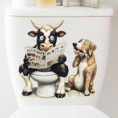 Autocollant 3D en forme d'animal amusant singe vache pour abattant de toilettes, décoration imperméable pour abattant de toilettes, salle de bain (vache journale)