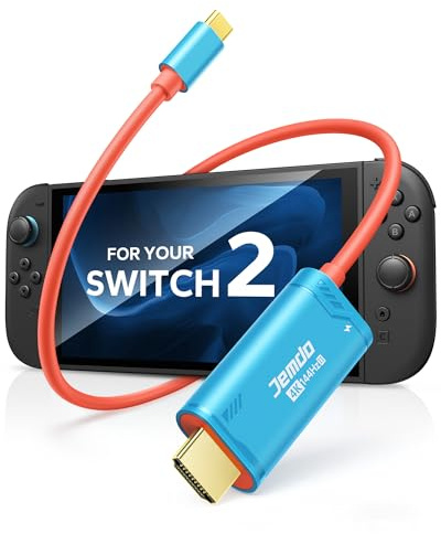 JEMDO Switch 2 Dock Adaptateur HDMI 4K 144Hz 48Gbps USB-C 3.2 vers HDMI 2.1 Câble 2 m, 100 W PD, Portable TV de Voyage Dock / Adaptateur Compatible avec Nintendo Switch 2 (below V21.0.0)/OLED/2017