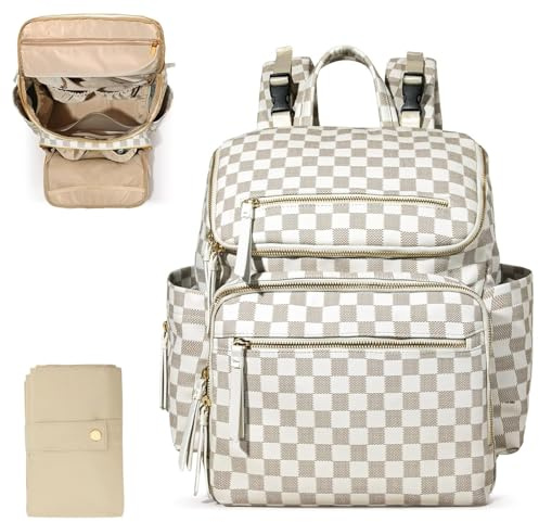 MISS FONG Baby-Wickeltaschen, Wickelrucksack, Wickelrucksack für Mutter, Leder, große Schwangerschaftstasche, Krankenhaustasche, 4 isolierte Taschen, Wickelunterlage, Kinderwagen, kariert, Beige und