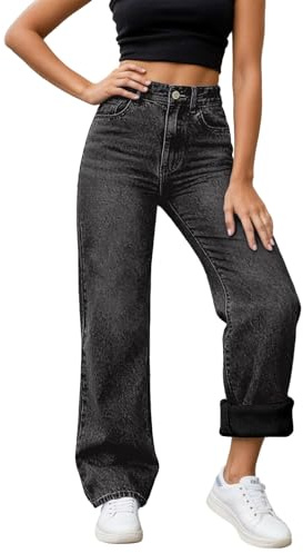 DaPongZhi Jeans Donna Larghi Vita Alta in Pile Jeans Felpati Donna Fodera Interna Morbida con Tasche Comodi Jean Termici Invernali Jean Baggy Wide Leg Fit Pantaloni Diritti e Streetwear