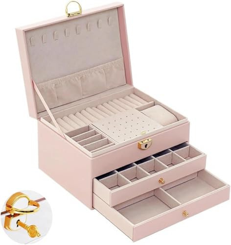 aghoer Schmuckaufbewahrung 3 Ebenen, Stapelbar Schmuckaufbewahrung, 2 Schubladen, Aufbewahrungskasten Mit Fächern, mit Schloss und Schlüssel, für Ringe Ohrringe Armbänder Halsketten(Rosa)