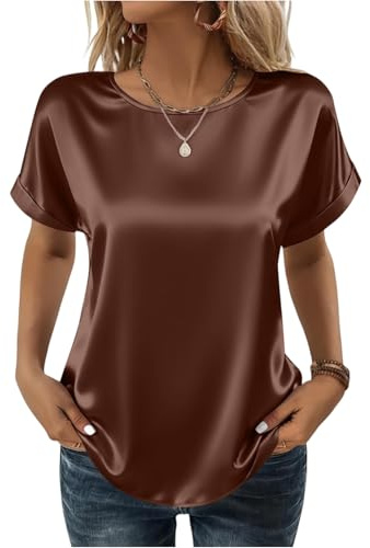 Blusa de satén para mujer, elegante, cuello redondo, blusas de seda suaves, ligeras de manga corta, camiseta festiva para mujer, informal, de verano, holgada, satinada, brillante, monocolor, moda, 01