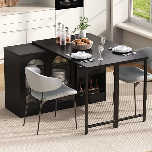 muenfly Isola della cucina indipendente con piano di lavoro, girevole a 360°, tavolo da bar allungabile con vano portaoggetti, armadio da cucina con porta scorrevole in vetro, credenza con ripiani