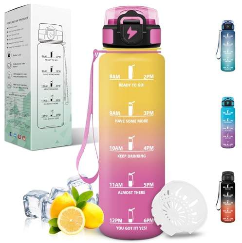 Motswedi Trinkflasche 1L, Sport Wasserflasche mit Zeitmarkierung und Filter, Trinkflasche Kohlensäure Geeignet, Auslaufsicher, Sportflasche, für Wandern, Fahrrad, Gym, Yoga, Outdoor, Gelb & Rosa
