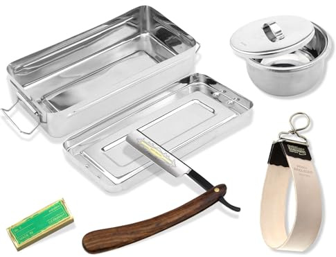 Rasiermesser Geschenk als 5-teiliges Bartpflege-Rasurpflege Set für Männer | Barber Set Geschenkidee für die klassische Nassrasur mit Solinger Schleifpaste inkl. Rasierschaum Schale & Aufbewahrungsbox