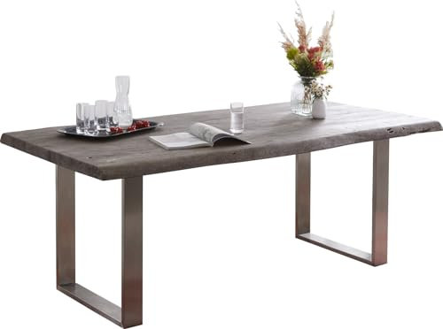 DELIFE Esszimmertisch Edge Akazie Platin 180x90 XL Edelstahl Schmal Live-Edge