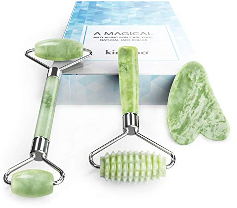 kimkoo Jade Roller and Gua Sha for Face-3 in 1 Kit with Facial Massager Tool,100% Real Natural Jade Stone Anti Aging,Face Beauty Set for Eye Anti-Wrinkle