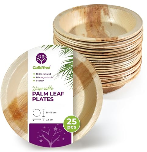 GoBeTree Platos Desechables de Hoja de Palma 25 Platos Redondos de 15 cm. Vajilla para barbacoas, picnic y Fiesta de cumpleaños, Similar al bambú, más fuerte que platos de papel