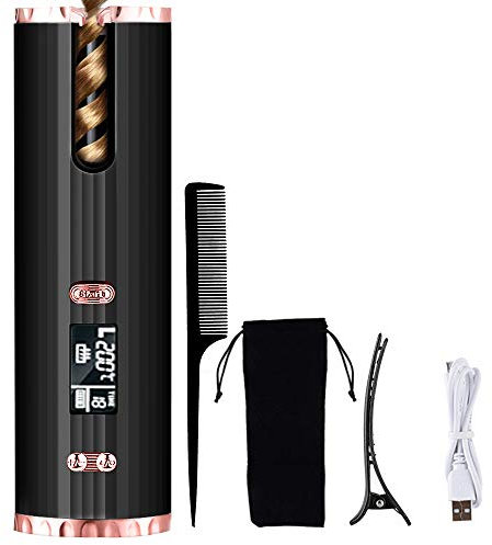 HMEDA Rizador de Pelo Automático Inalámbrico, Rizador de Cabello con Cerámica de Calentamiento Rápido Avanzado,Pantalla LCD y Temporizador, 6 Temperaturas Ajustables, Rizador Portátil (Negro)