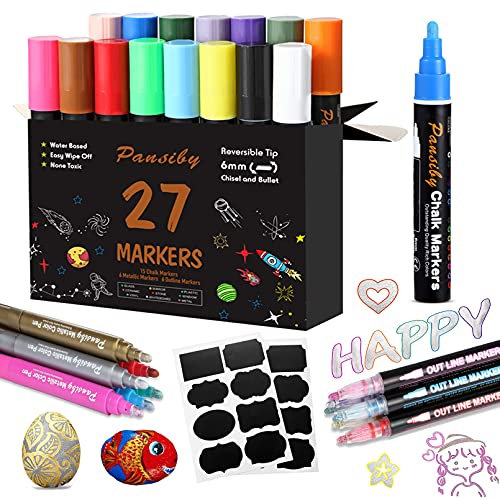 PANSIBY 27 Kreidestifte Set für Fenster Tafel, 15 PCS 6mm Fensterkreide Abwaschbar Kreidemarker, 6 Metallic Whiteboard Marker & 6 Outline Stifte Umrissstifte, Erfüllen Unterschiedliche Anforderungen