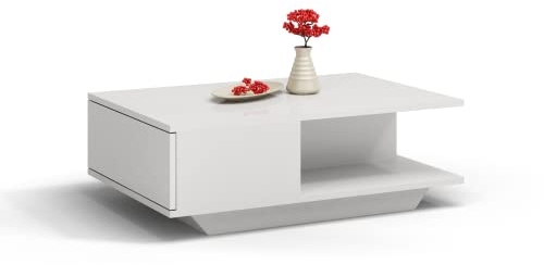 ADGO Table Basse rectangulaire Moderne 90x60x42cm Petite Table d'appoint Basse pour Le Salon, Table Basse avec Rangement, Table à café géométrique Table de Salon (Blanc Brillant)