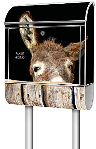 banjado® Briefkasten mit Standfuß personalisierbar Motiv Esel - Stand Briefkasten mit Zeitungsfach pulverbeschichtet aus Stahl weiß - Postkasten A4 Einwurf inkl. 2 Schlüssel
