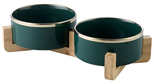 Koomiao Doppelnapf aus Keramik mit Halterung, Futternapf für Katzen, gegen Erbrechen, Hals-Schutz, erhöhte Futterstation für Katzen (15,5 cm/850 ml, grün/gold (Ständer), 2 Stück