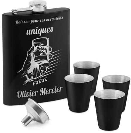 Maverton Flasque en Acier Inoxydable pour lui | Avec gravure, Set avec 4 verres à shot en acier, Pour hommes, Flacon personnalisé pour anniversaire, Occasion