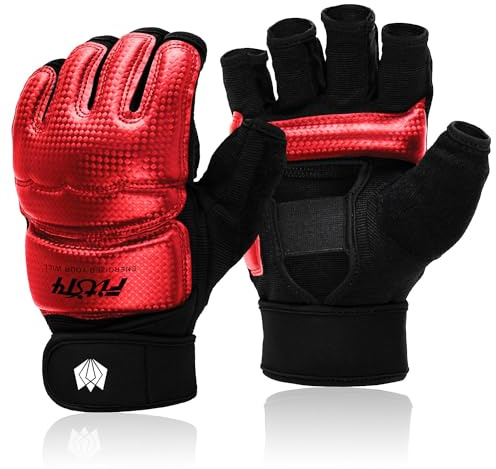 FitsT4 Sports Half Mitts MMA UFC Training Boxing Punch Bag Kickboxing Sparring Grappling Martial Arts Muay Thai Taekwondo Wrist Wraps Support Gloves for Women Men Kids Red S
