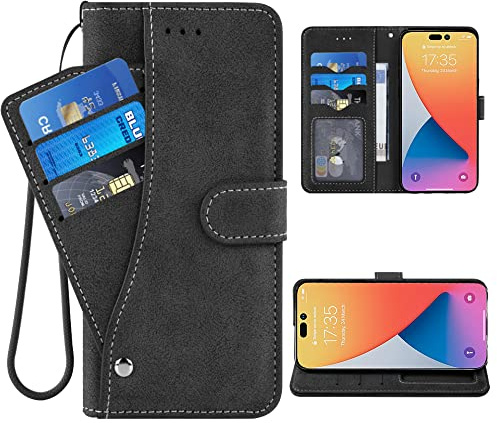 ELISORLI Compatible with iPhone 14 Pro Max 6.7 inch Wallet Case and Wrist Strap Lanyard Leather Flip Card Holder Phone Cover for iPhone14promax 5G i Phone14Max Plus iPhone14 ProMax Women Men Black