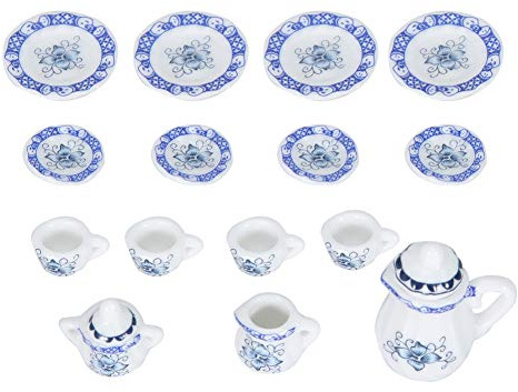 Juego de Té Mini 1:12, Casa de Muñecas, Cocina en Miniatura, 15 Uds., Juego de Tazas de Té de Flores de Porcelana, Colección de Decoración para Niños, Juguetes, Regalos(Porcelana Azul y Blanca)