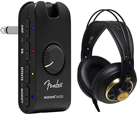 Fender Mustang Micro Amplifier - The Ultimate All-In-One Personal Headphone Amplifier & AKG K240 STUDIO Professional Semi-Open, Over-Ear Headphones Black