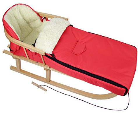 Kombierbjudande träsläde med ryggstöd och dragrep + universell vinteråksäck (108 cm), även lämplig för babystol, barnvagn, buggy, lammull, uni (röd + släde)