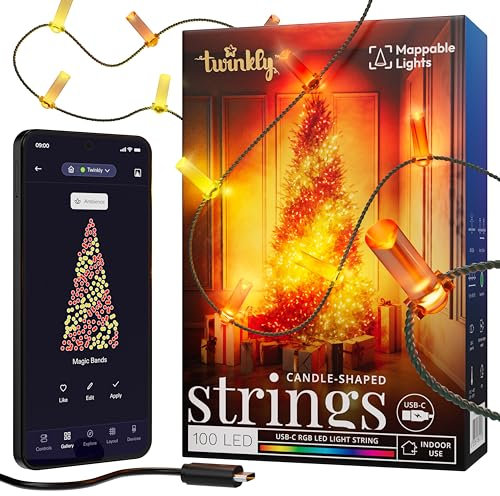 Twinkly Strings USB-C Candle 100 LED, Striscia Luci LED a Forma di Candela, Luci LED Multicolore RGB, Luci San Valentino, Compatibile con Alexa, Google Home, Luci Mappabili, USB C, Filo Verde, 6m
