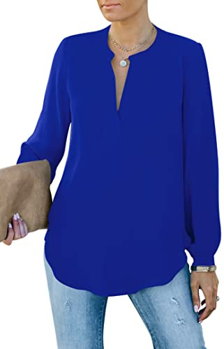 Homlan Damblus elegant V-ringad långärmad arbete toppar ledig tunika Henley långärmad skjorta enfärgad lös skjortblus, Kungsblå, XL