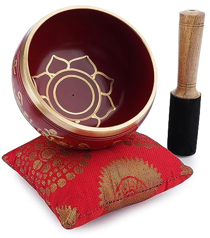 Ajuny tibetansk sjungskål set – handgjord meditation mässing ljudskål med pinne och kudde för yoga, chakra-läkning, mindfulness och stresslindring andliga gåvor – guldröd