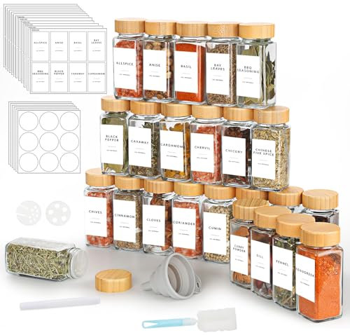 Vmglgig 24 Spice Jar, 120ml Kitchen Glass Spice Jars with Bamboo Lids,Spice Bottles for Home Kitchen Spice, Spice Containers with 246 Label, Pen, Hose Brush, Silicone Funnels (24)