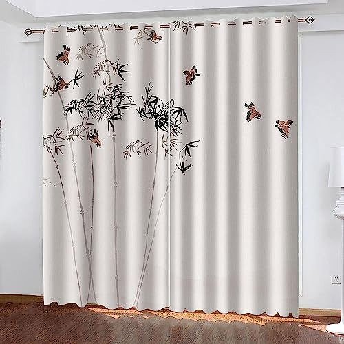 Rideau Chambre Salon Fille 3D140 X 160 Cm Oiseau Bambou Plante Beige Rideaux D'Extérieur Enfant Adulte Rideau Thermique Occultant À Oeillets Anti Phonique Chaleur Rideau Isolant Thermique -1S3V/J1