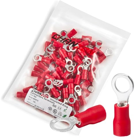 Chanzon 100pcs Red Ring Terminals - #10 M5 - UL Listed Insulated PVC Eyelet Wire Connector 22-16AWG Gauge Electrical Crimp Connector for Boat Truck Stereo Car
