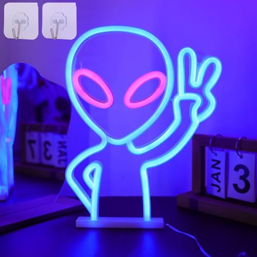 DWOOKE Alien Neonlichter,LED Neonschilder für Wand, Neonlicht-Schild Alien batteriebetrieben/USB-betrieben,Wand Neonlichter für Männer,für Zuhause,Spielzimmer,Bar,Party,Kinder, Geschenke(blau, rosa)