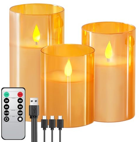 Forever Speed 3 Piezas Vidrio Dorado Velas LED Recargable con Mando a Distancia, Regulable Velas Sin Llama con Cable de Carga USB para La Decoración Casera del Partido, Acampar, Boda, Regalos