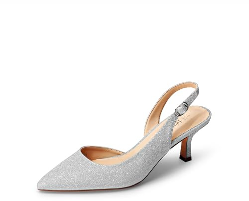 DREAM PAIRS Women's Kitten Slingback Heels Pumps,Silver-Glitter,7