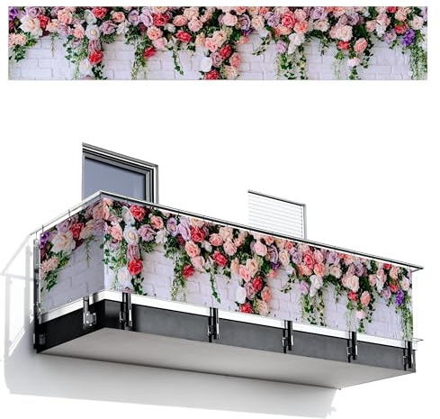 MuchoWow© Balkon Sichtschutz Einseitig Groß PVC Kunststoff Garten | 90x500 cm - Windschutz ohne bohren Wetterfest Sichtschutzzaun Terrasse Balkonverkleidung Deko Blumen - Rosa - Steinoptik