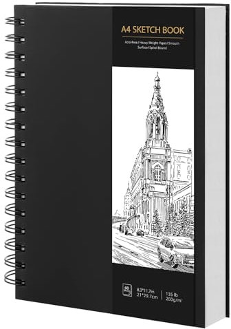 Skizzenbuch A4, Zeichenblock Skizzenpapier Zum Zeichnen Malblock 200g/m² Dickes Papier Spiralbindung für Künstler Kinder Studenten (60 Blatt/120 Seiten)