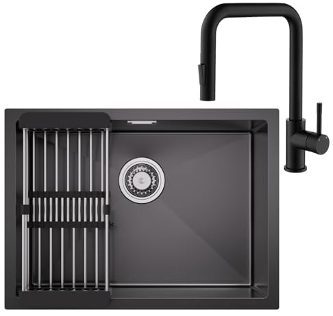 CECIPA Fregadero Negro 60 x 44cm Con Grifo Extensible, Bajo o Sobre Encimera, 1 Seno Inox Con Cesta de Filtro Extensible, Sifón y Kit de Drenaje