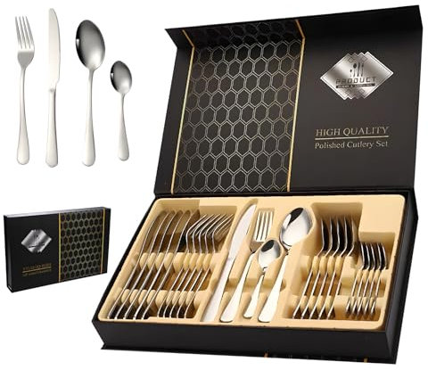 Set Di Posate in Acciaio Inox Argenteria con Confezione Regalo-24 Pezzi,Set di Posate per 6 Persone, con Cucchiaio, Coltello e Forchetta, Processo di Lucidatura a Specchio,Lavabile in Lavastoviglie