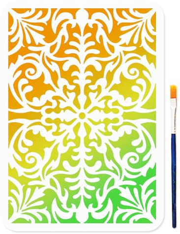 MAYJOYDIY Stencil damascato con sfondo floreale, 29,7 x 21 cm, riutilizzabile, in plastica, con pennello, modelli da parete damascato, per lavori artigianali su finestre, pareti in legno, decorazioni