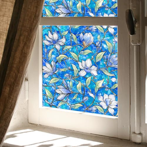 Sichtschutzfolie Fenster Blaue Blume Sonnenschutzfolie Fenster,Sichtschutz Fensterfolie,Durchsichtig Thermofolie Fenster Gegen Hitze,Milchglasfolie Statisch Haftend
